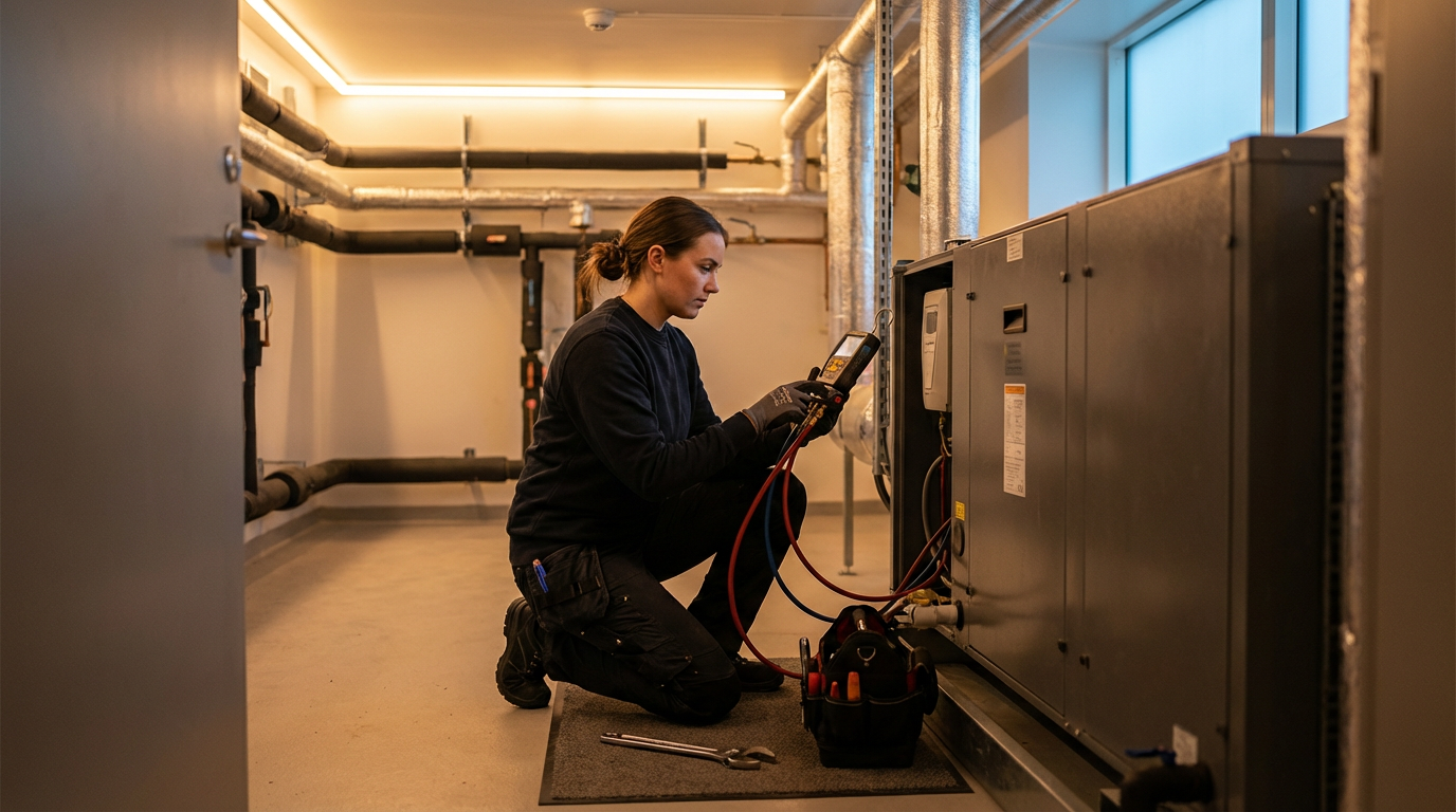 A technician kneeling on the floor using a diagnostic multimeter on HVAC equipment in a utility room.