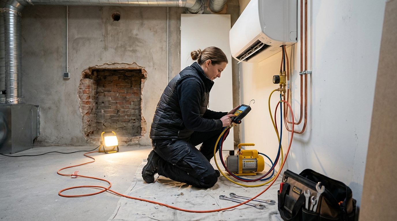A technician kneeling on a cloth on the floor, using a diagnostic tool on an air conditioning unit in a room under renovation with an unfinished wall.