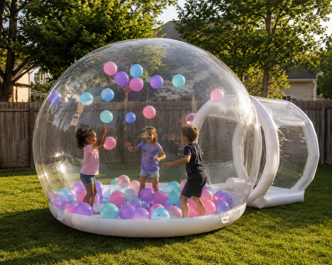 Three children playing with colorful balloons inside a clear inflatable bubble in a backyard on a sunny day.