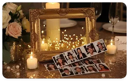 A decorative table setting with a gold ornate frame, candles, floral arrangements, and photo booth strips for a celebration event.