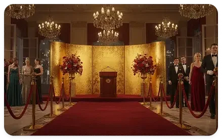 Elegant wedding or event ceremony setup with a red carpet, floral arrangements, and a gold folding screen behind a podium in a grand room.