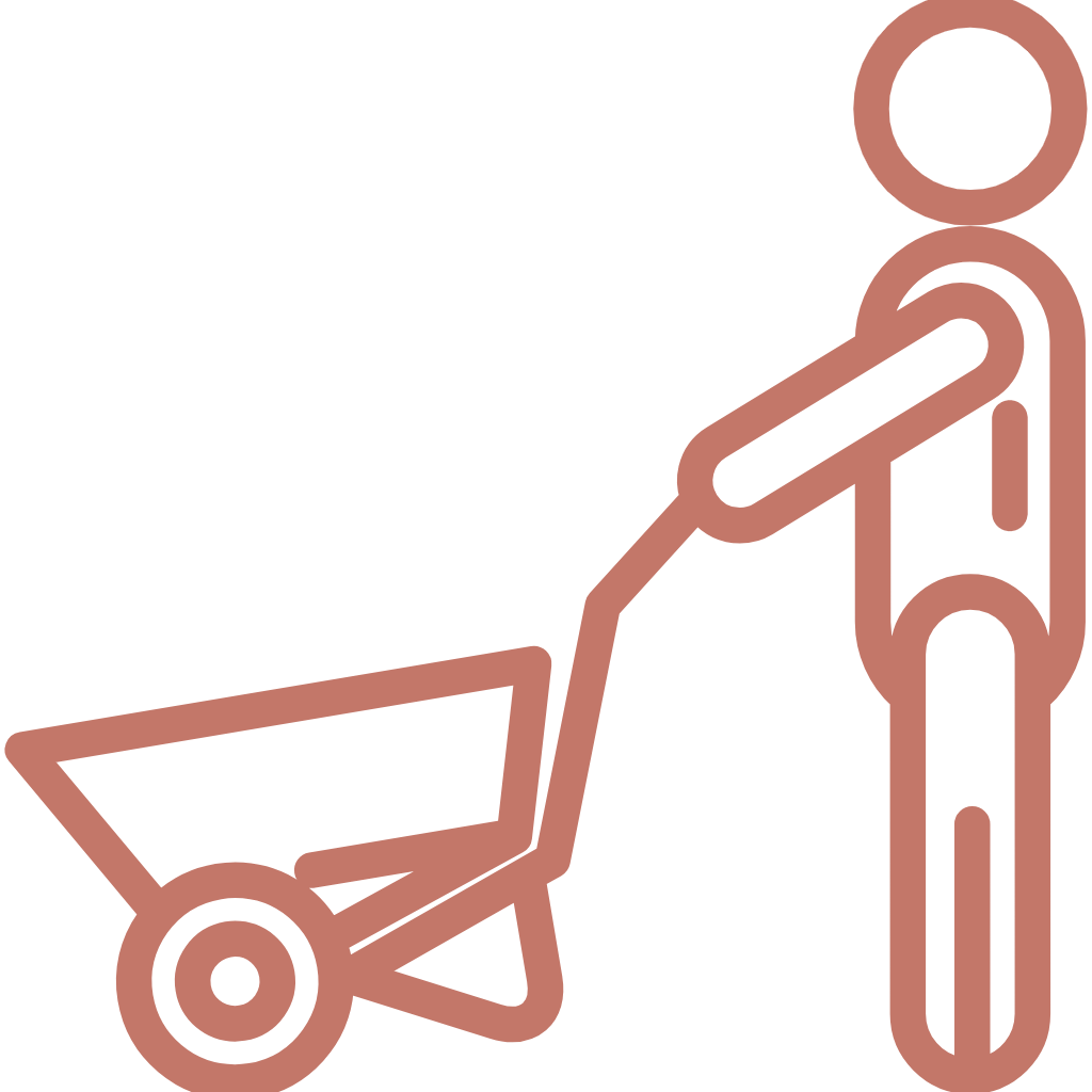 Outline illustration of a person pushing a wheelbarrow.