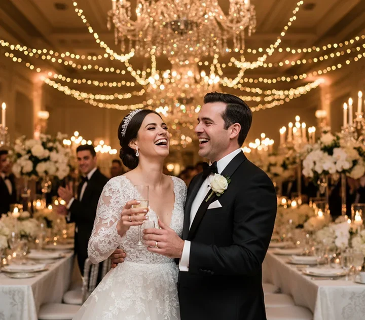 A bride and groom laughing and holding champagne glasses at their wedding reception decorated with string lights, chandeliers, and floral arrangements.