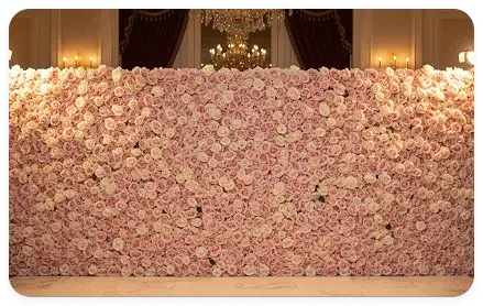A large wall of pink roses used as a backdrop for an event or wedding.