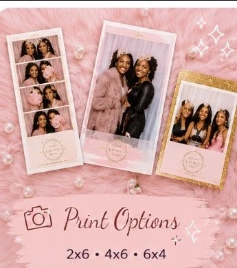 Three printed photo strips and prints on a pink background, with pearls and sparkles, promoting print options of 2x6, 4x6, and 6x4.
