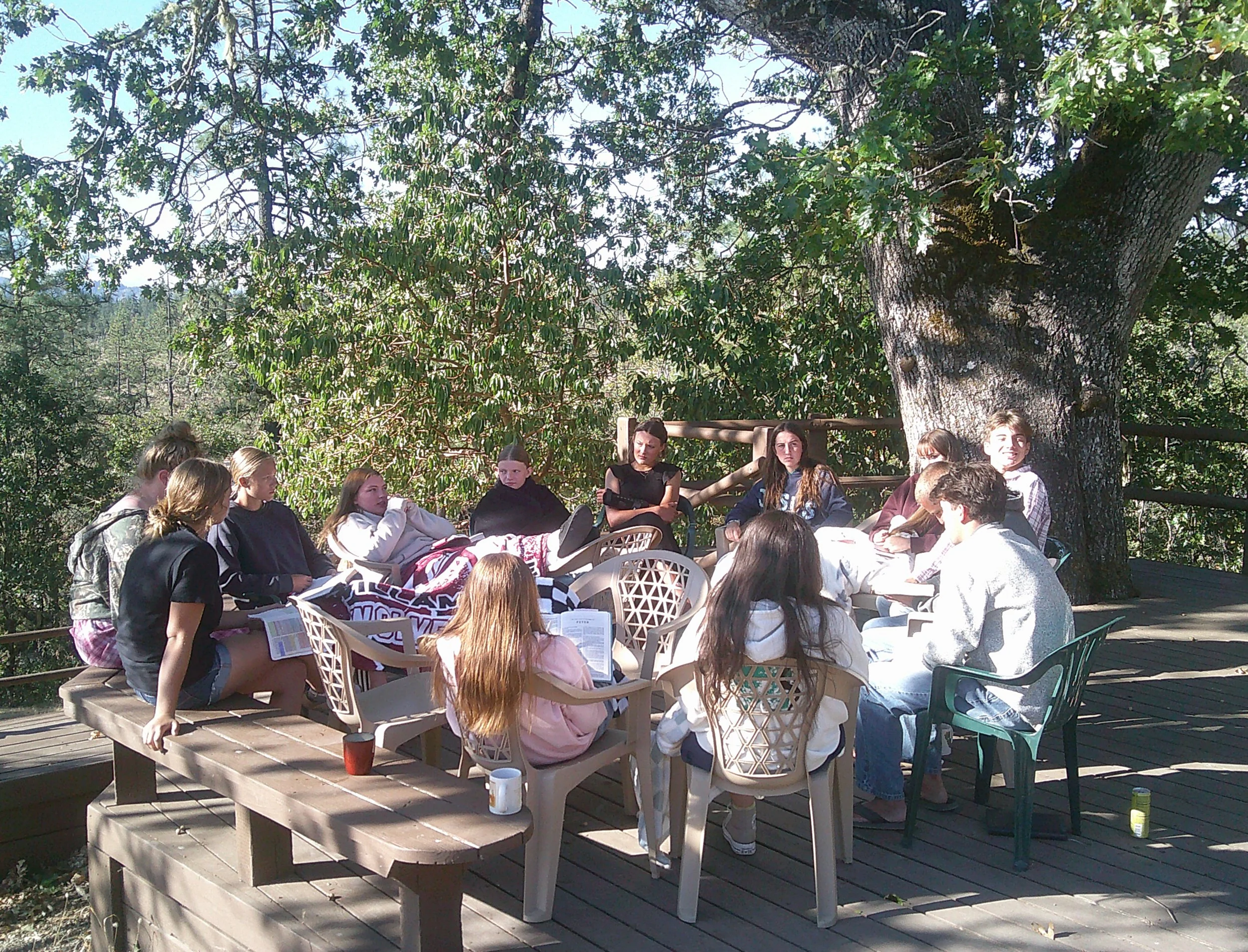 A group of young women sitting around a table outdoors under a large tree, engaged in conversation and reading papers, with a sunny sky and green foliage in the background.