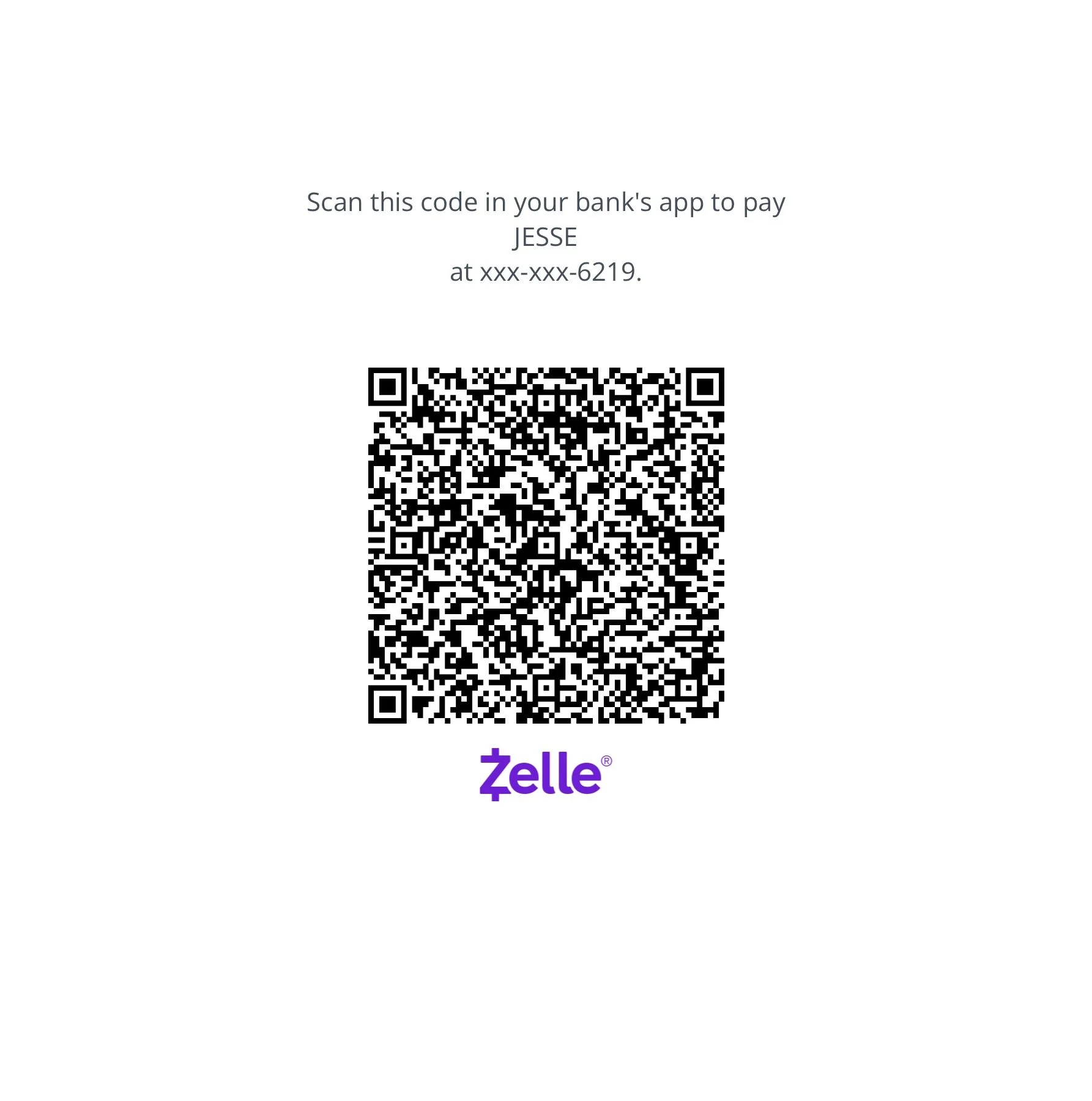 A digital payment scan code with the Zelle logo below it.