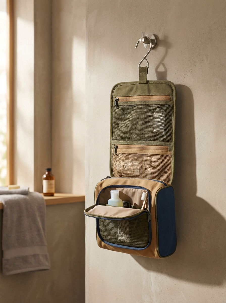 A hanging organizer on a wall with toiletries inside, placed near a window with towels and a bottle on the windowsill.