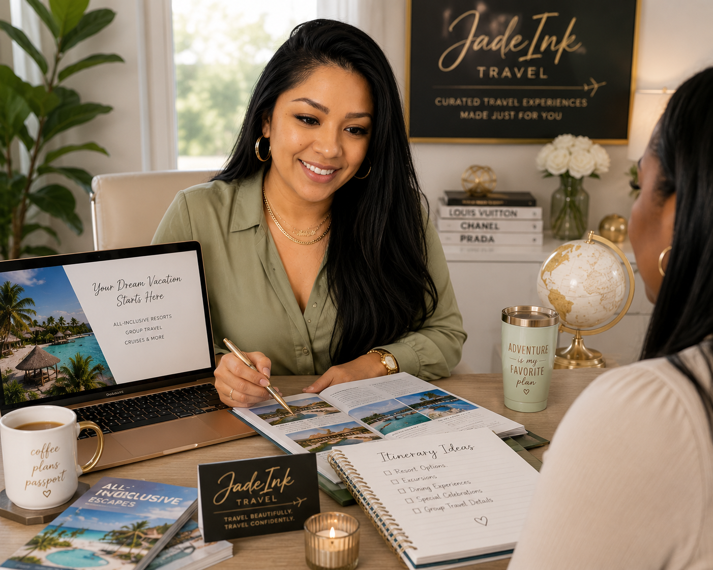 Two women having a conversation at a travel agency office, with travel brochures, a laptop, a globe, and a notepad on the desk.