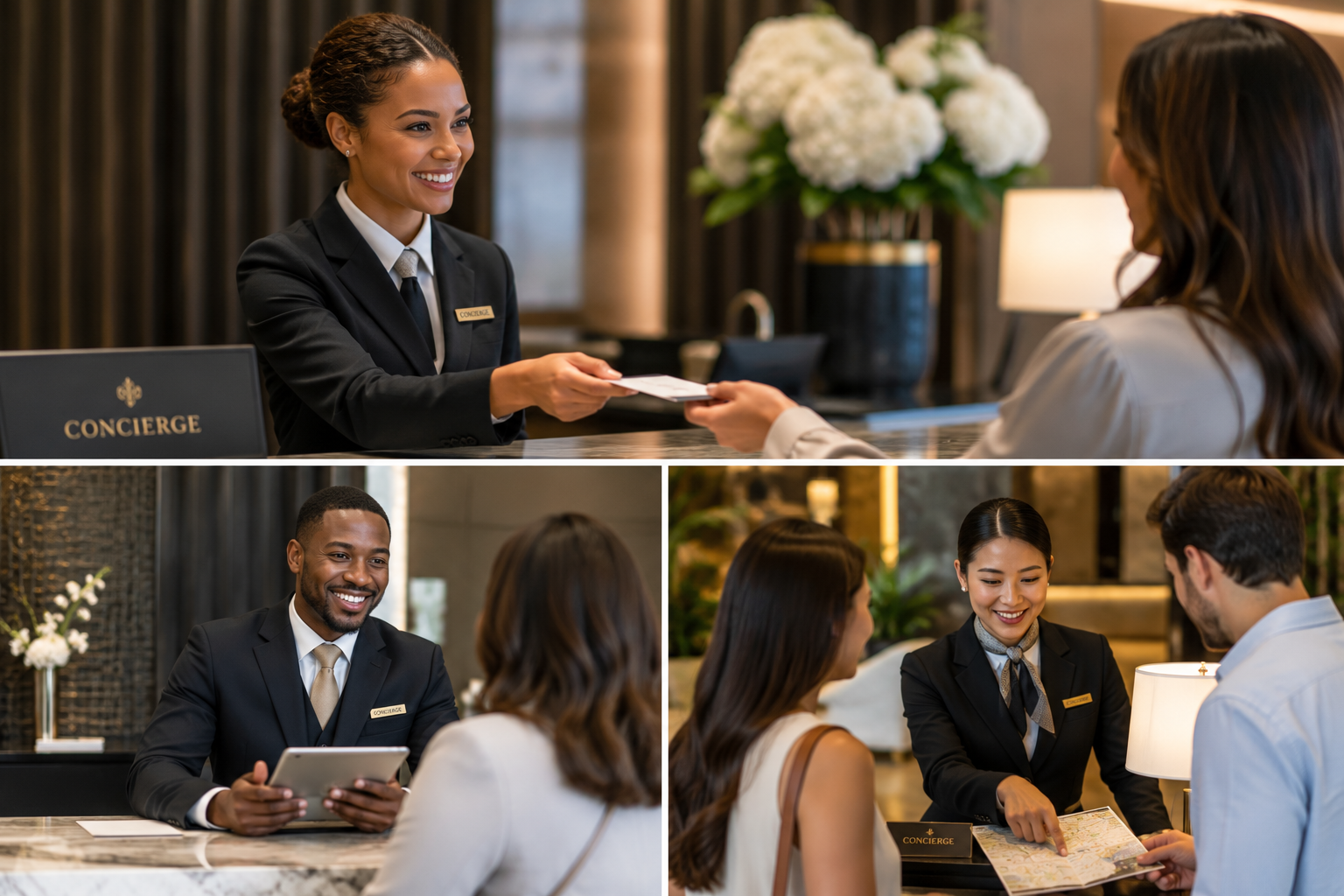 Concierge desk at a hotel with staff helping guests, smiling and interacting, with flowers and warm lighting in the background.