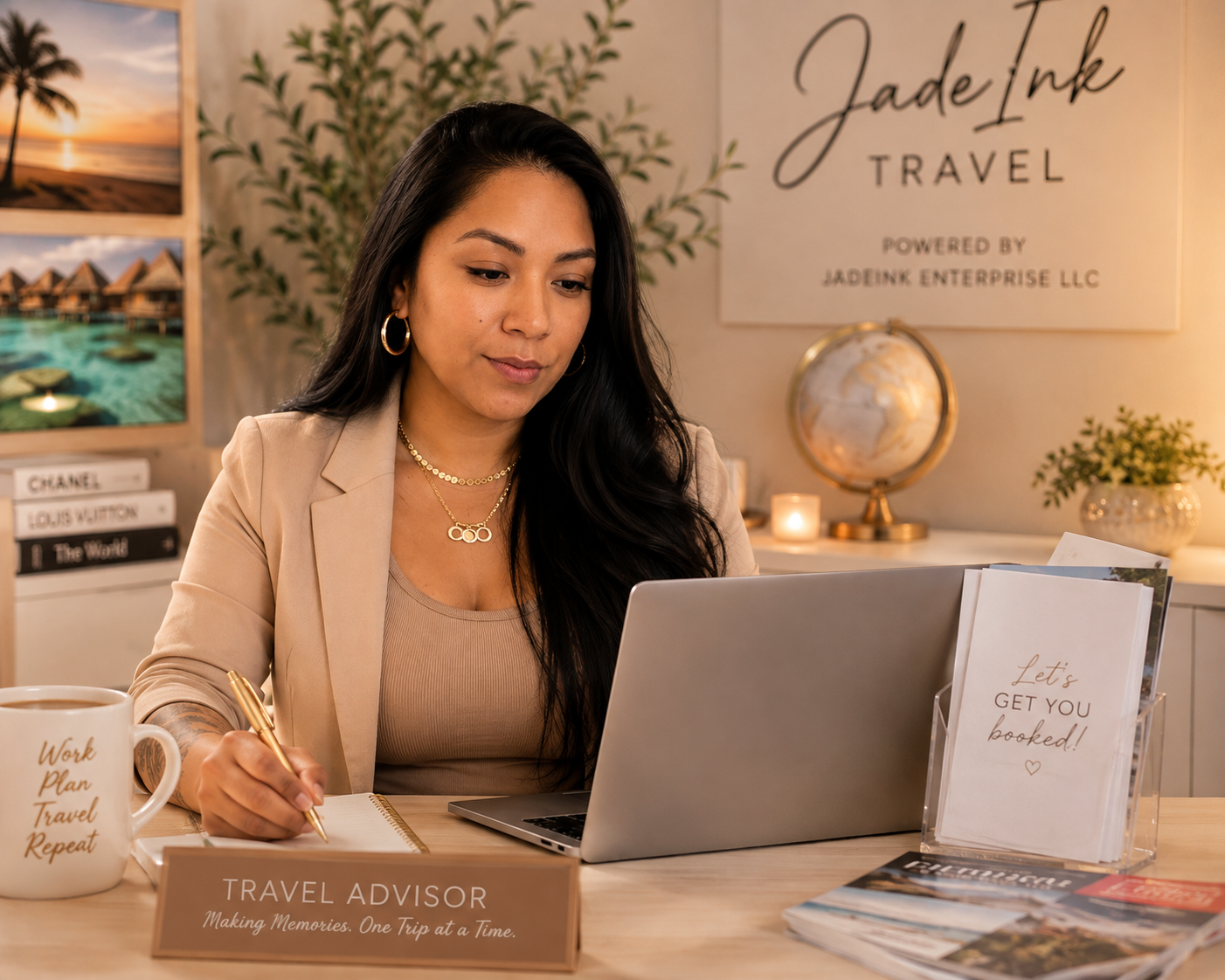 A woman working at a desk in a travel agency office, with travel brochures, a mug, and a laptop, surrounded by travel-themed decorations and signs.