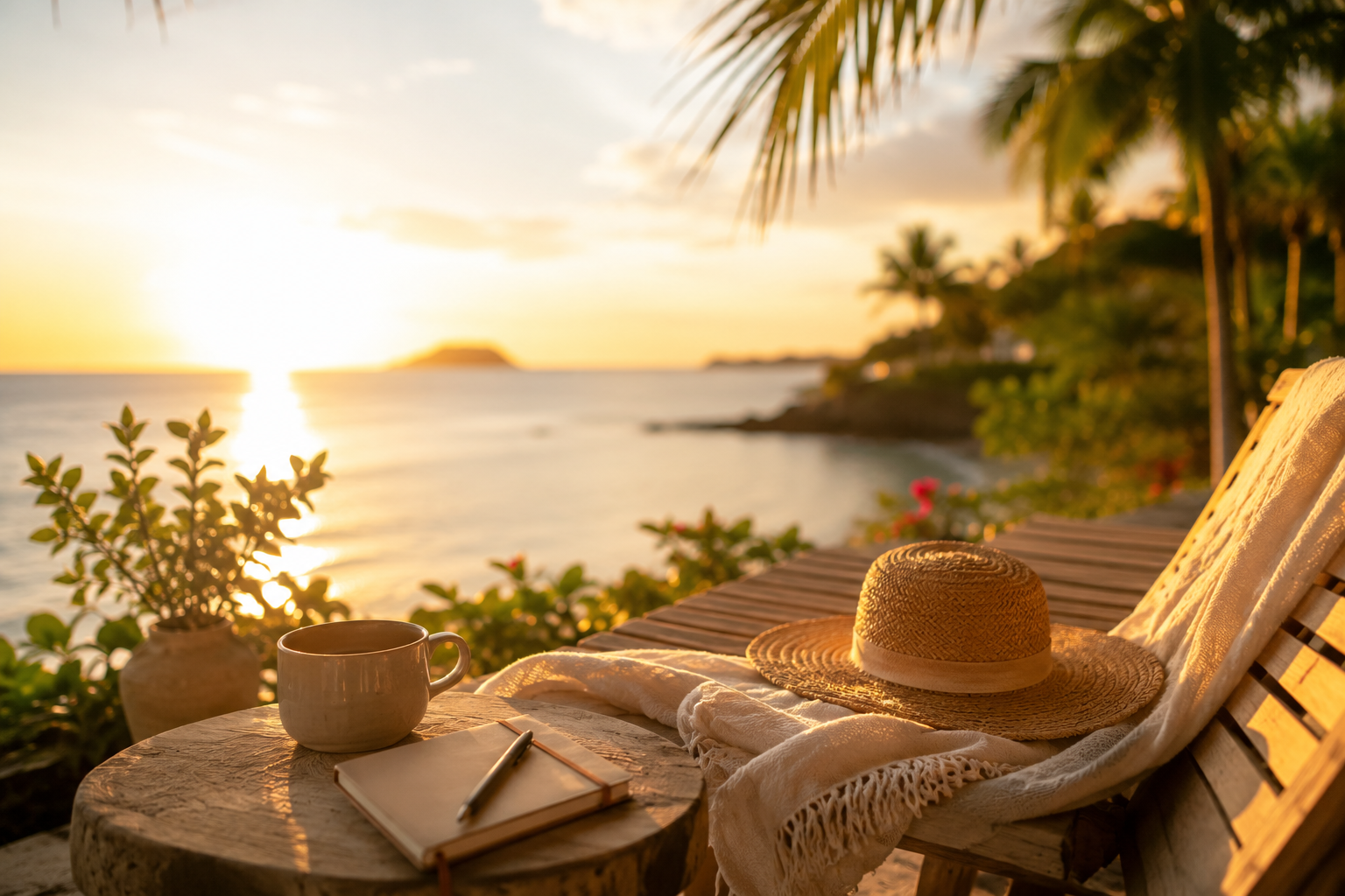 Luxury tropical beach vacation with an oceanfront lounge chair overlooking the sea at sunset, symbolizing relaxation and stress-free travel.