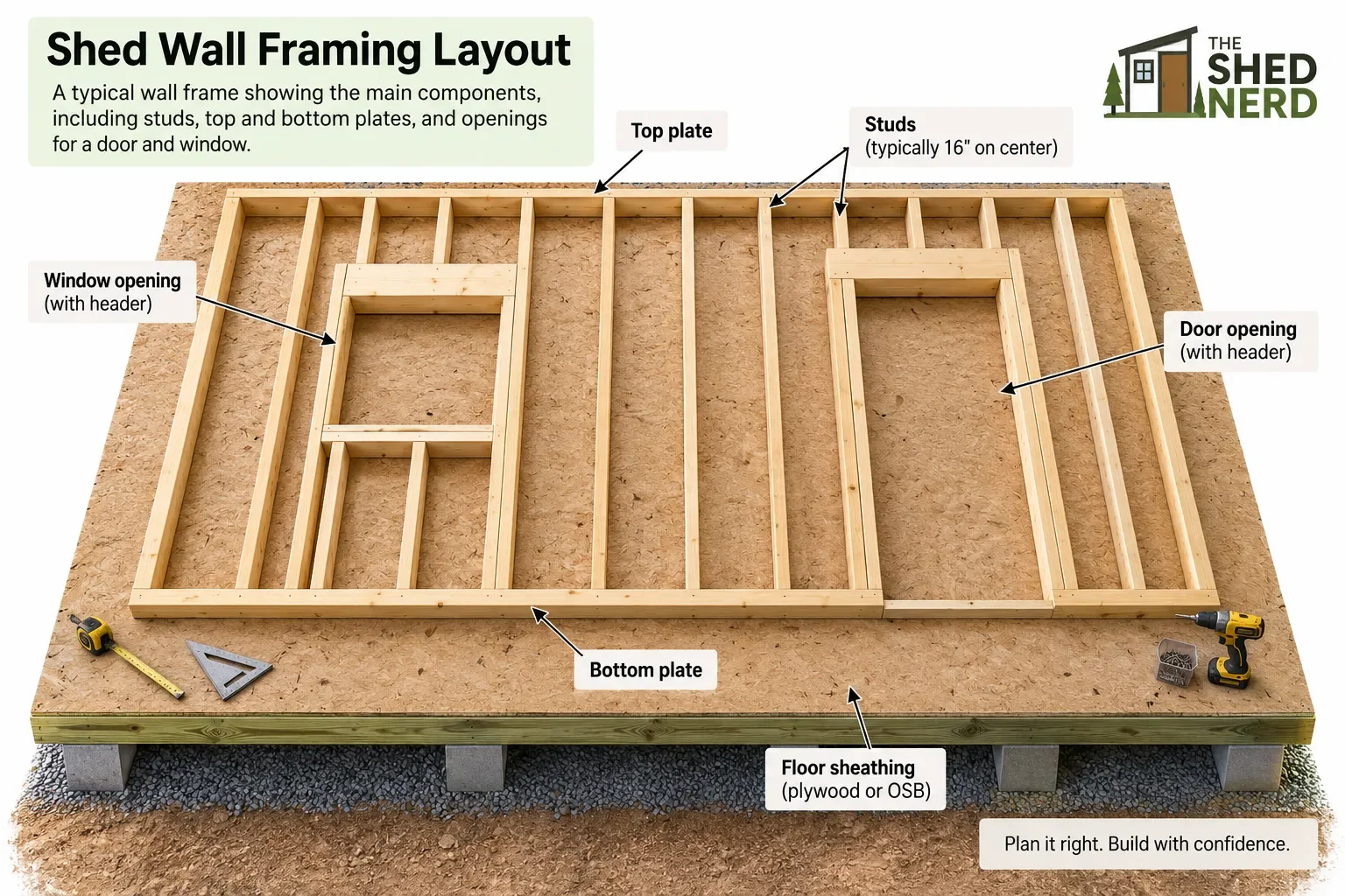 Shed wall framing layout showing studs, plates, door and window openings