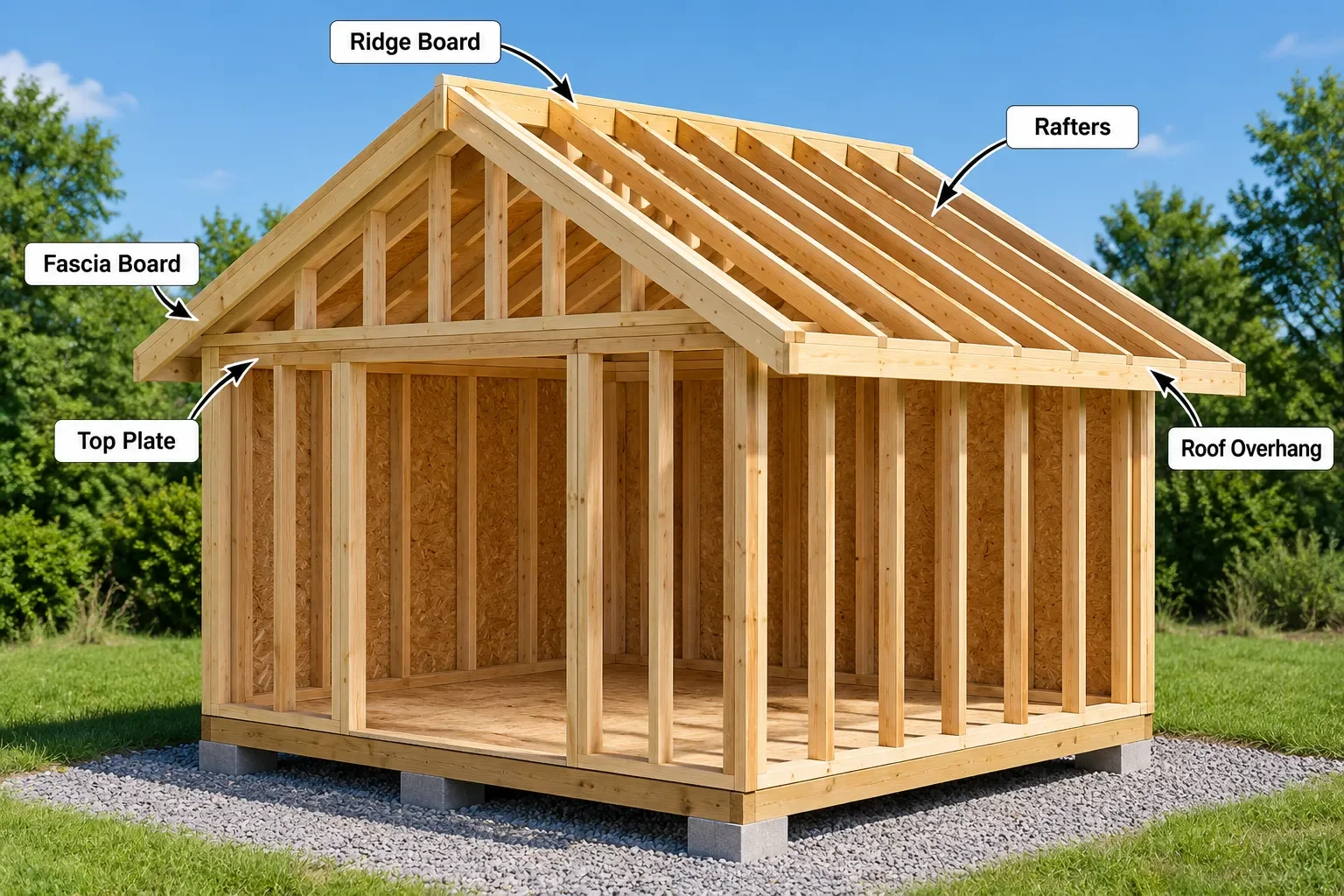 Gable shed roof framing showing rafters, ridge board, wall plates and roof overhang