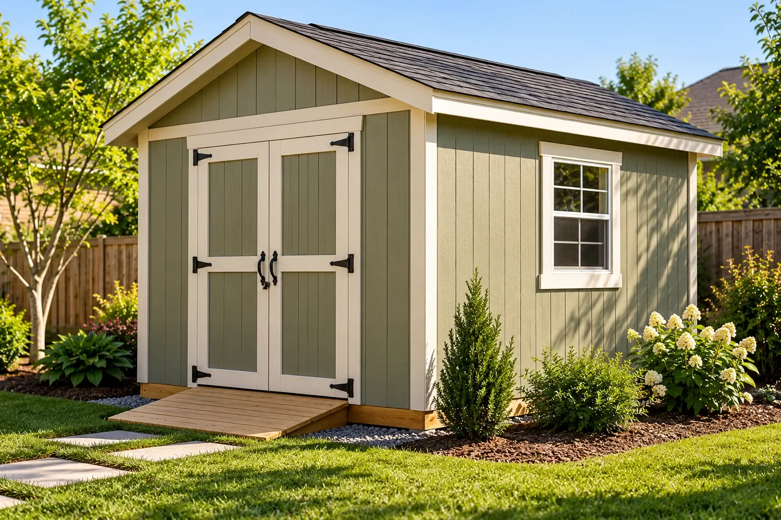 Finished wooden garden shed with painted siding, protective exterior trim, double doors and a shingle roof.