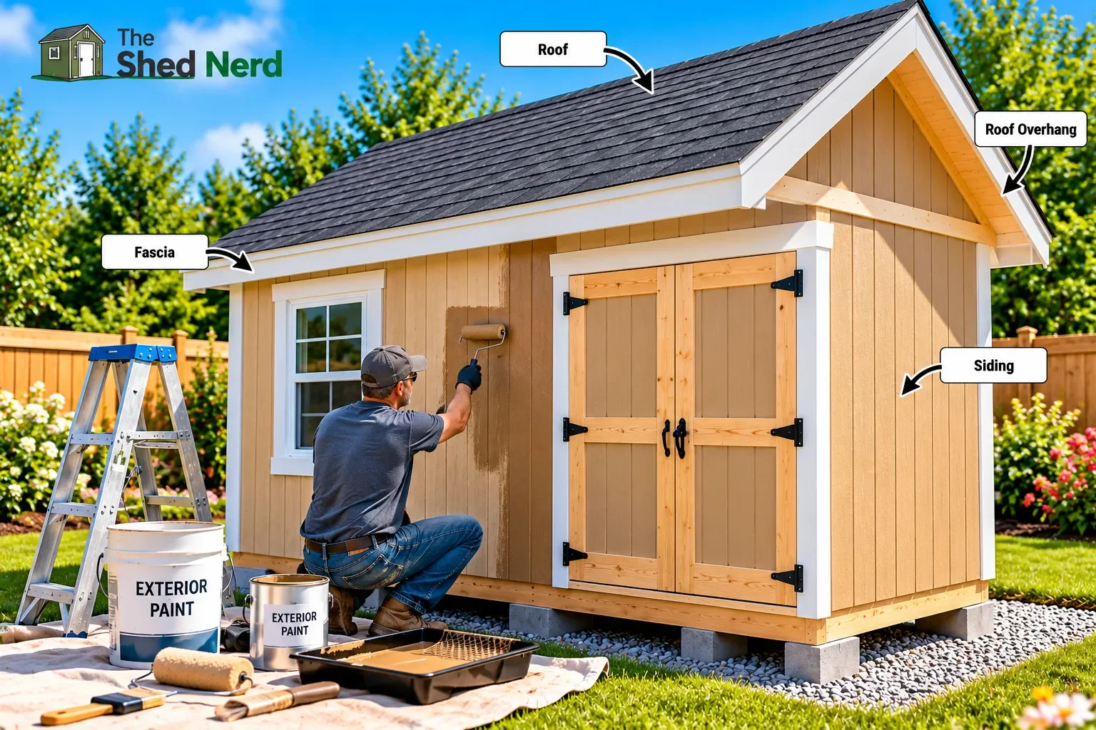 Applying exterior paint to shed siding and trim to protect the finished shed