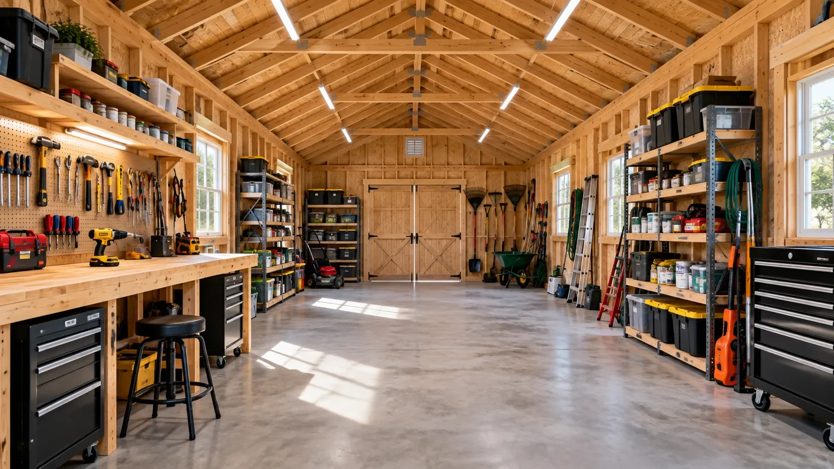 Large storage shed interior with workbench, shelving and open floor space