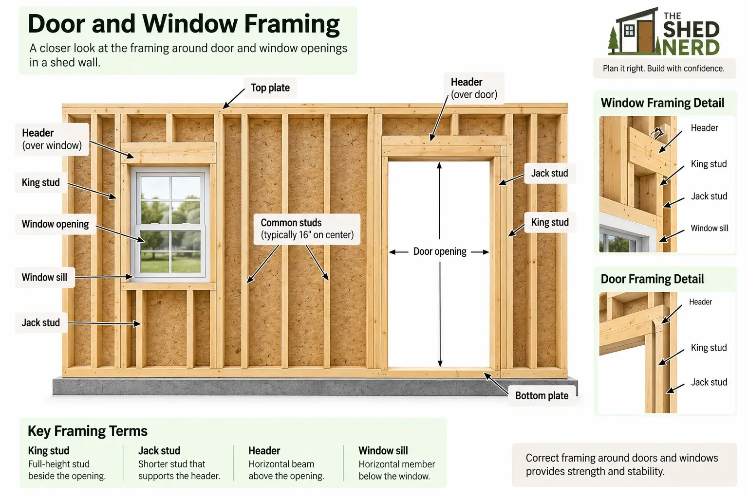 Shed wall framing around door and window openings with headers and studs