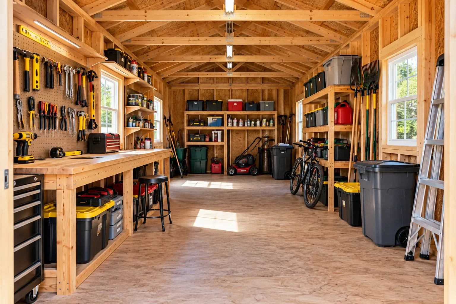 Organized 12x20 shed interior with workbench, wall-mounted tools, shelving, bicycles and garden equipment