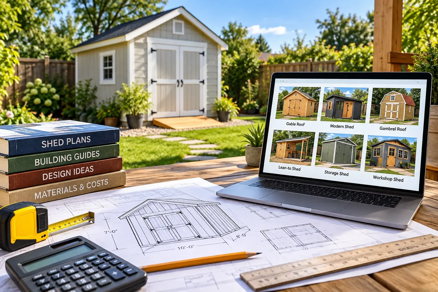 Backyard shed planning with building blueprints, shed design books and different shed styles displayed on a laptop.