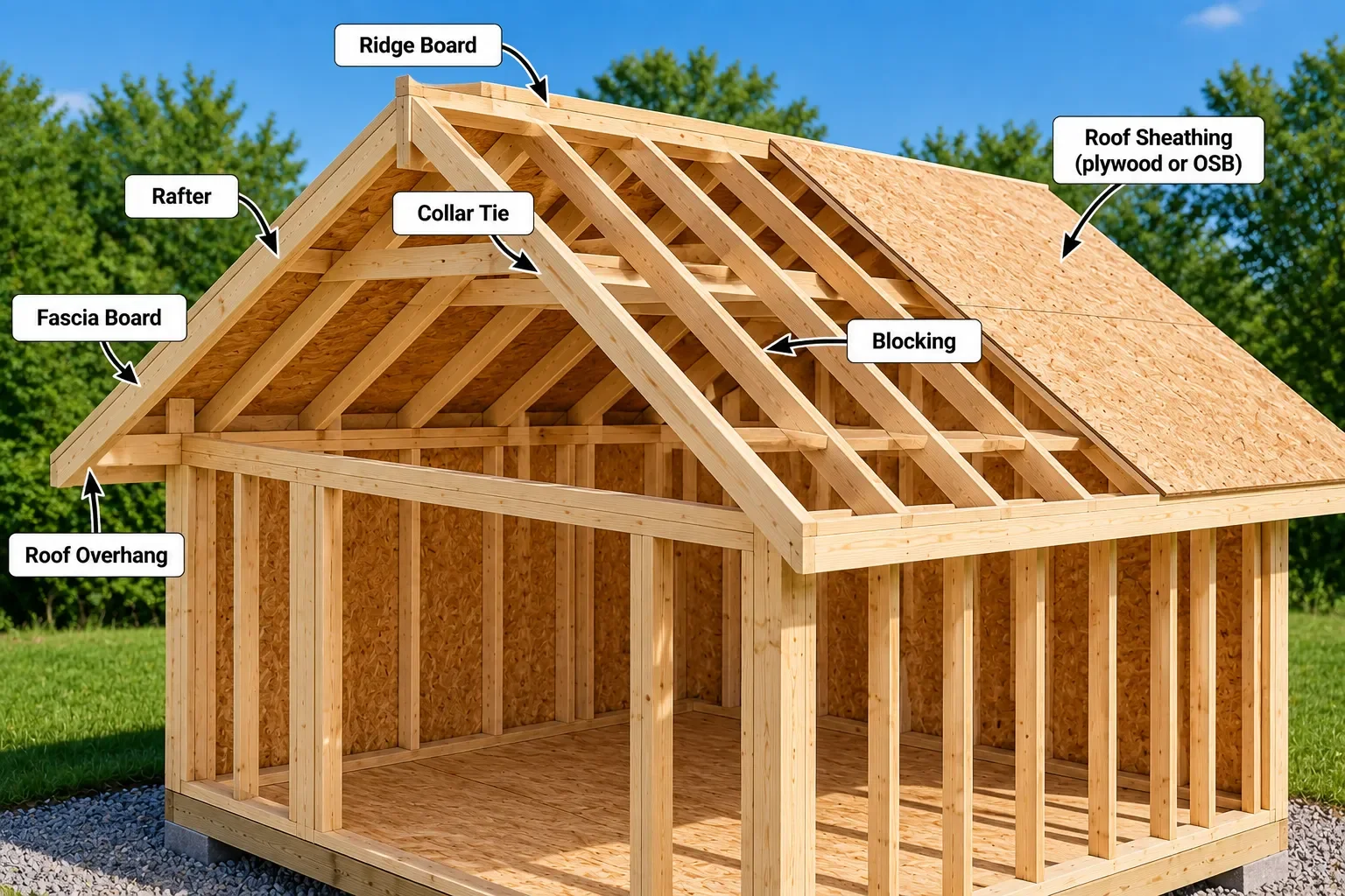 Completed shed roof framing with rafters, ridge board, collar ties and roof sheathing