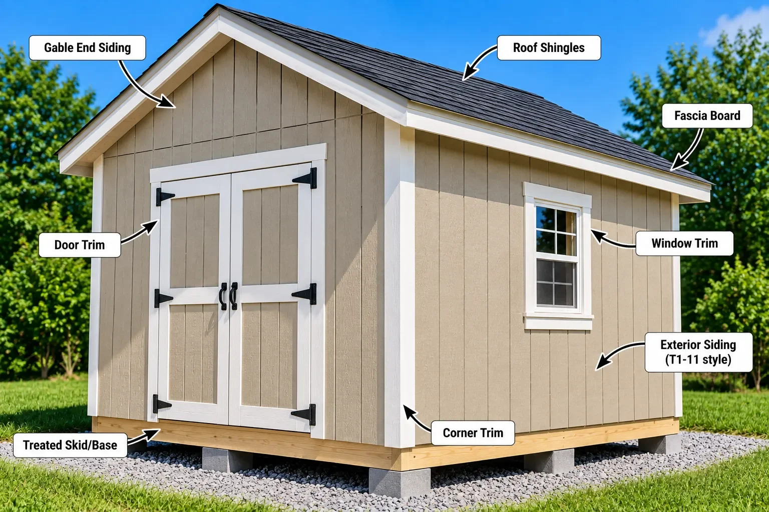 Completed shed exterior with siding, corner trim, door and window openings