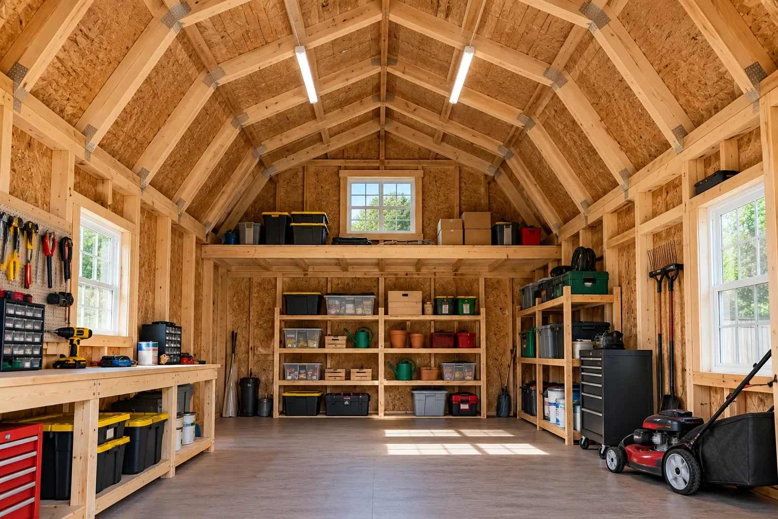 Interior of a gambrel shed showing the space created beneath the barn-style roof