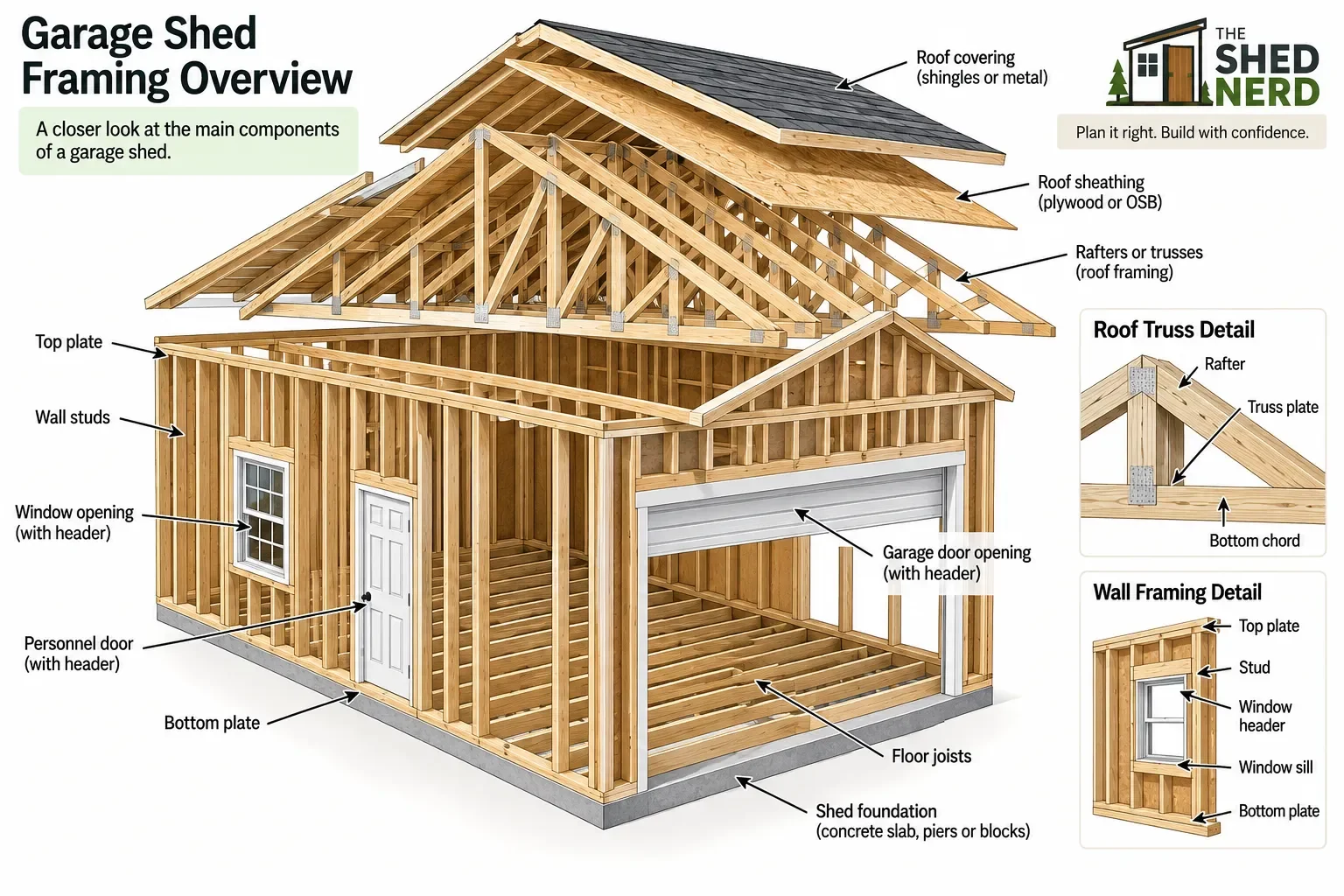 Garage shed wall and roof framing diagram