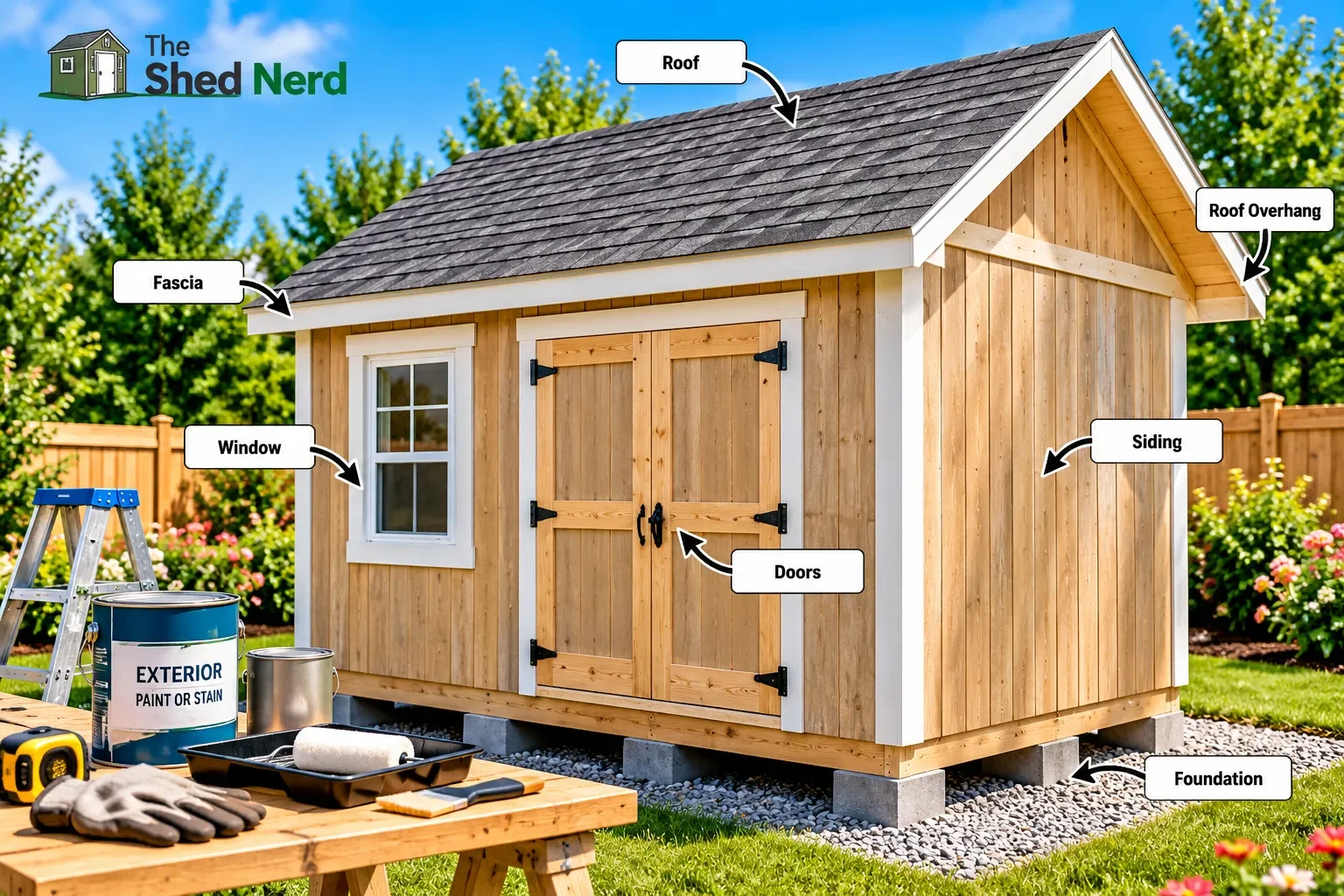 Finished shed ready for exterior protection showing siding, trim, doors, windows and exposed wood