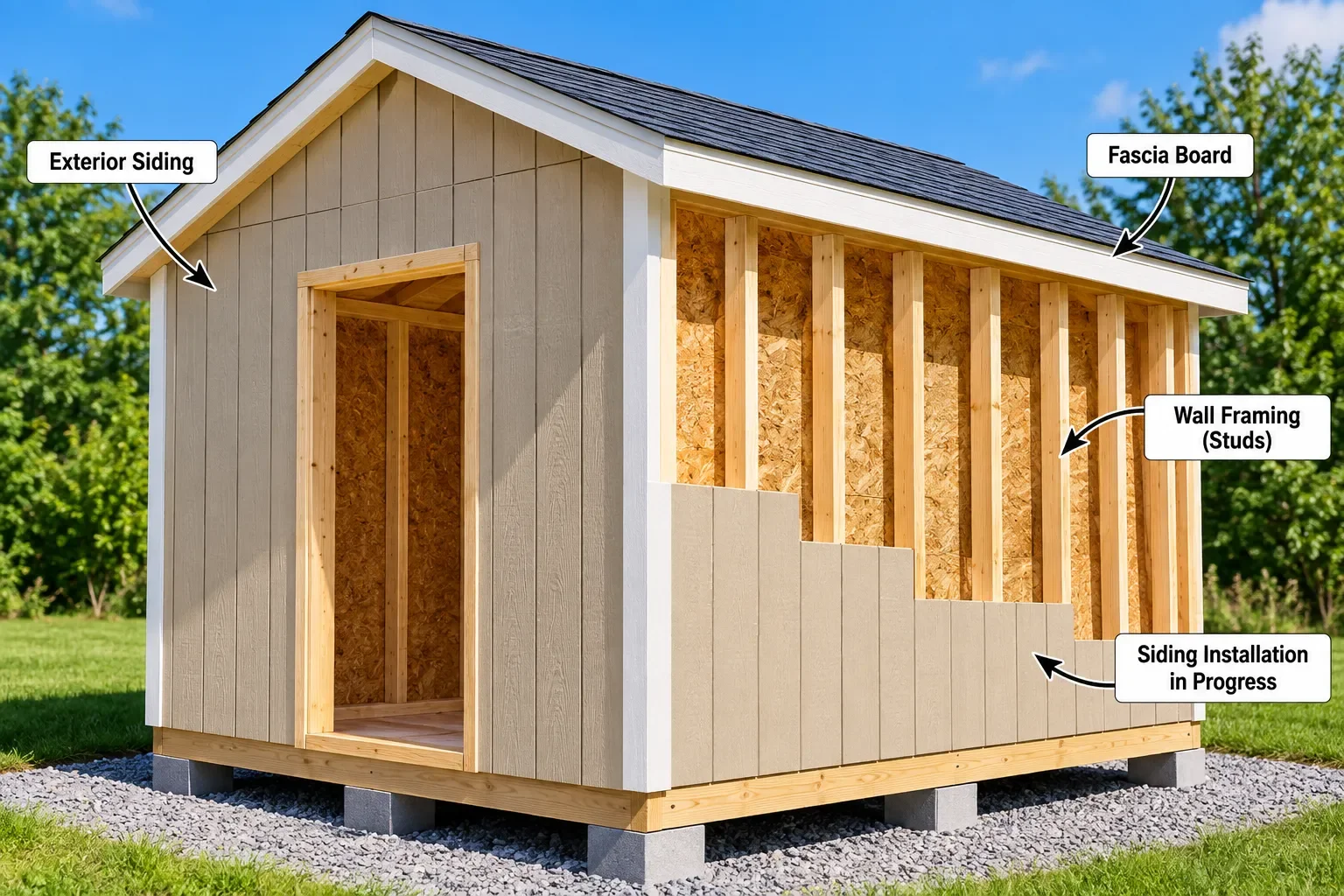 Shed wall framing with exterior siding being installed