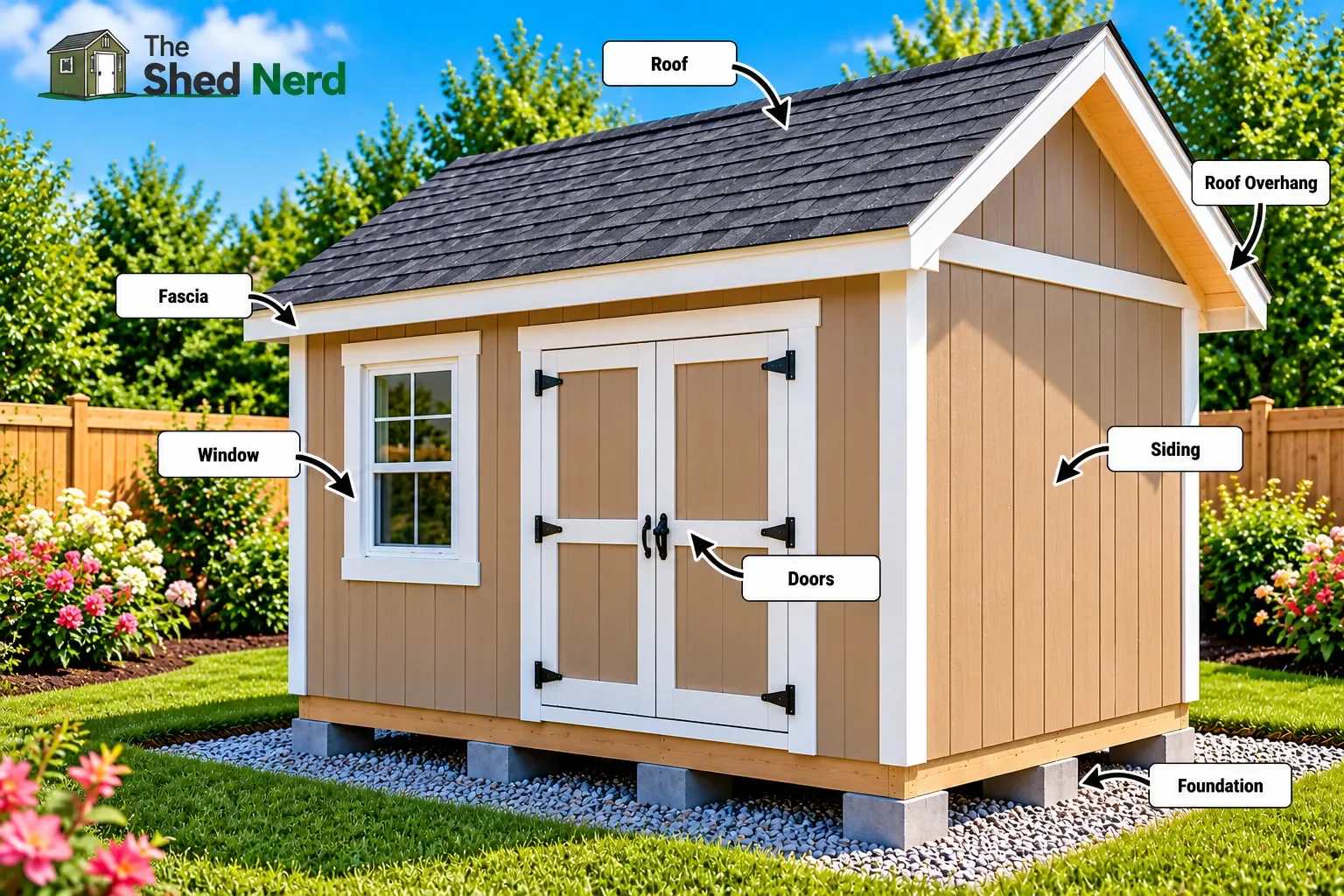 Completed shed with protected siding, finished trim, doors, windows and roof