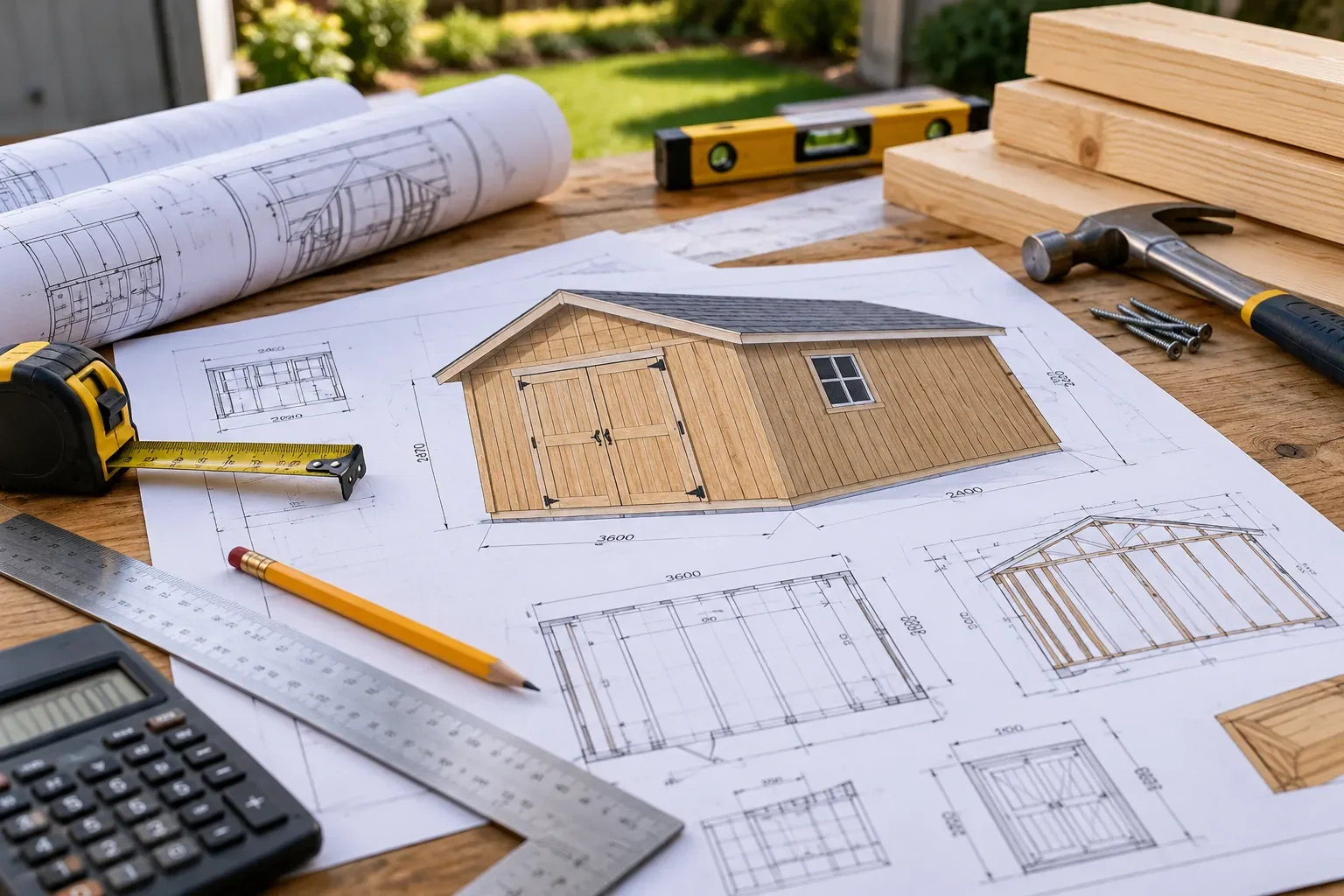 Shed building plans showing shed dimensions, construction drawings and measuring tools on a workbench.