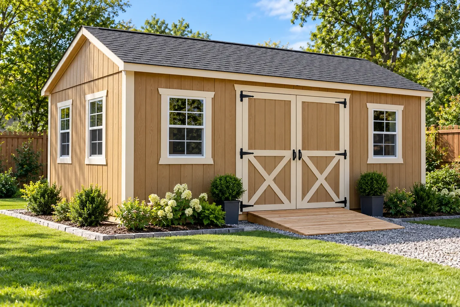 Wooden backyard shed with double doors, windows and a gable roof in a landscaped garden