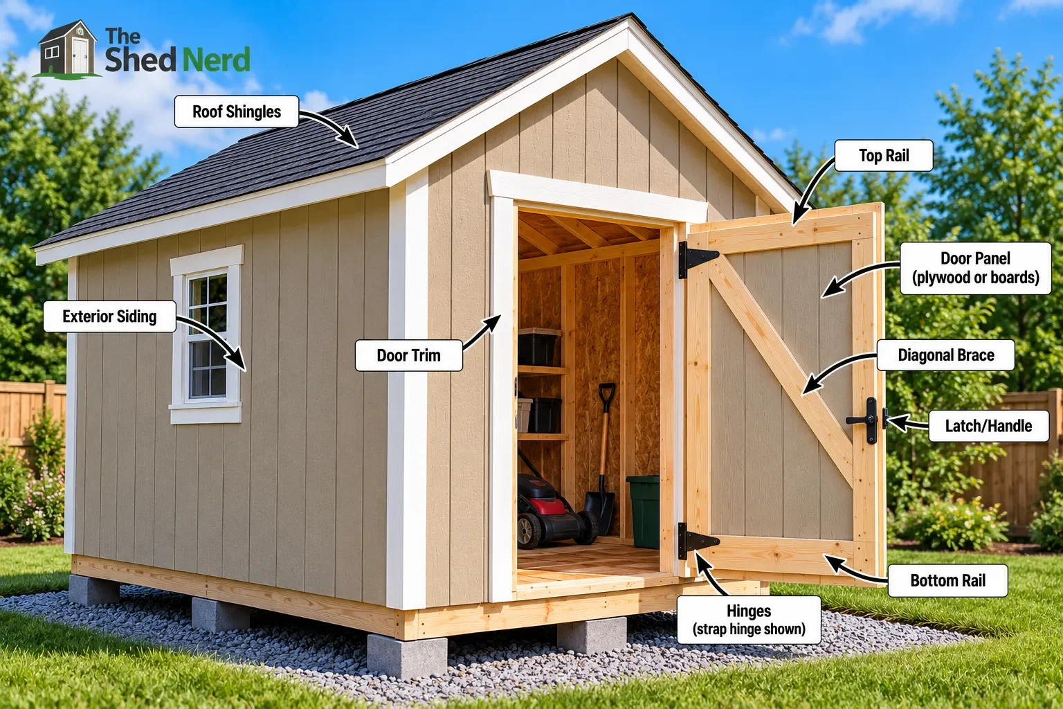 Wooden shed door showing frame, hinges, trim and exterior panel