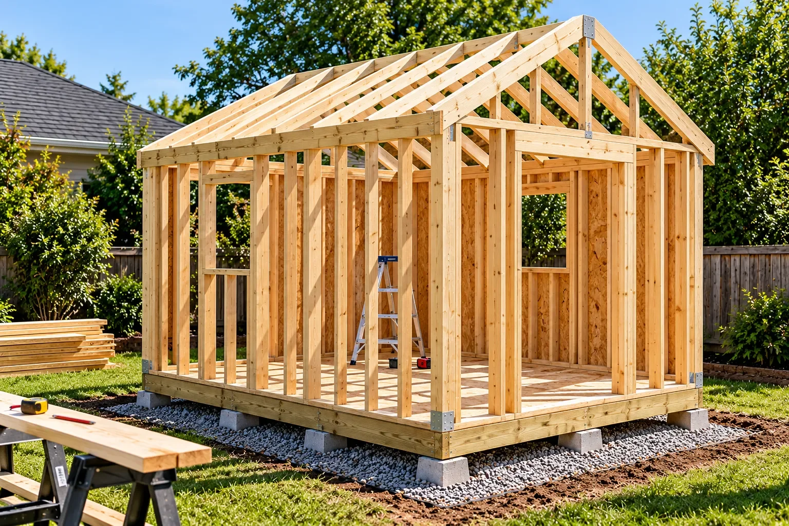 Timber shed under construction showing the completed floor, framed walls, door and window openings, and roof rafters.