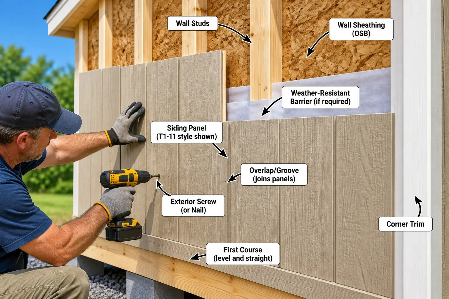 Shed siding installation showing first course, wall studs, overlap and fasteners