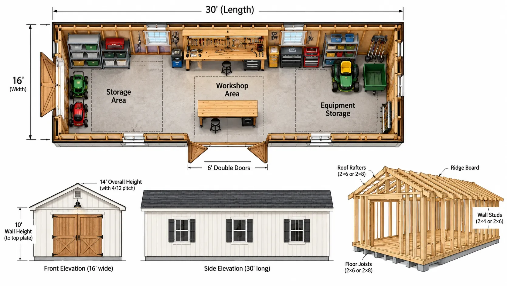 16×30 shed floor plan showing dimensions and possible interior layout