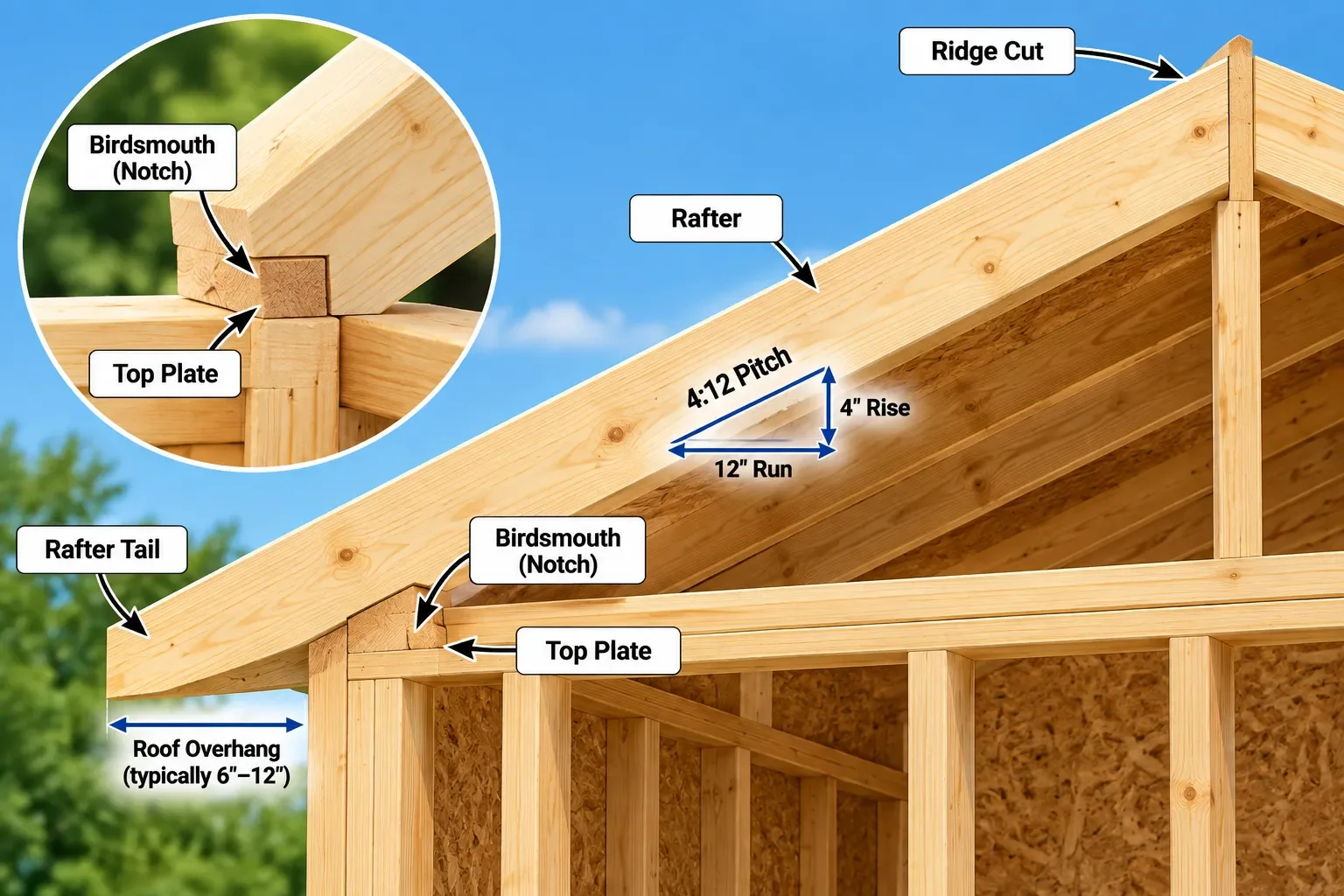 Shed roof rafter showing ridge cut, birdsmouth, wall plate and roof overhang