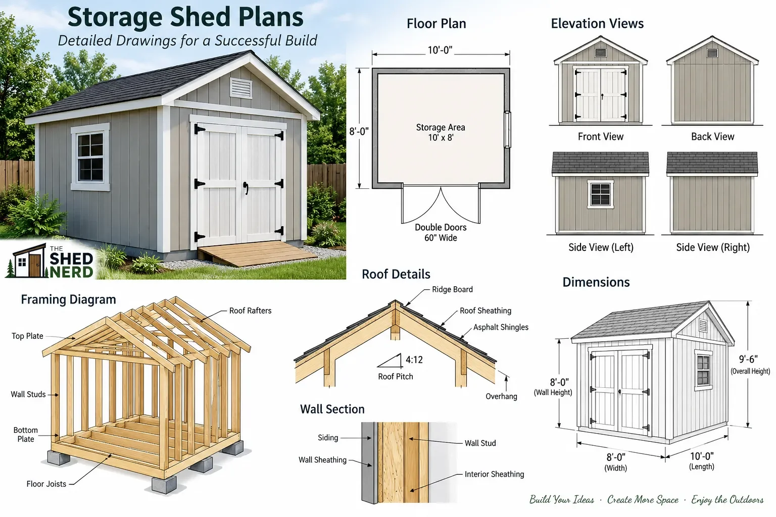 storage shed plans with detailed dimensions and construction drawings