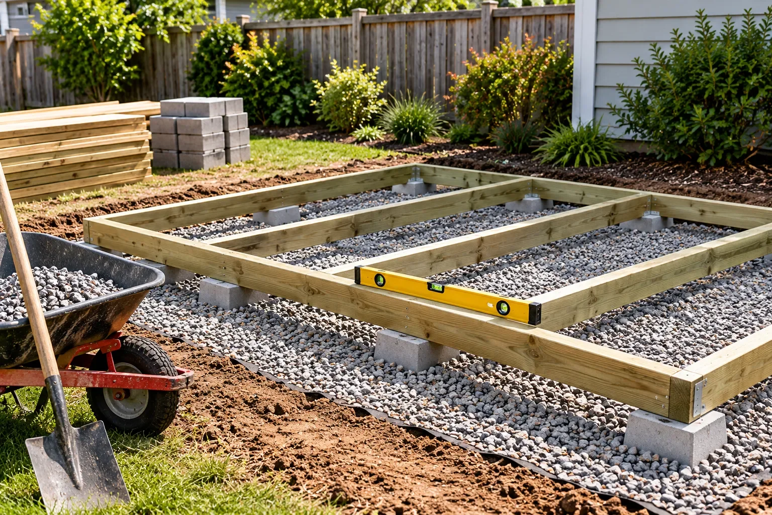 Level gravel base with treated timber beams and concrete blocks prepared for a garden shed foundation.