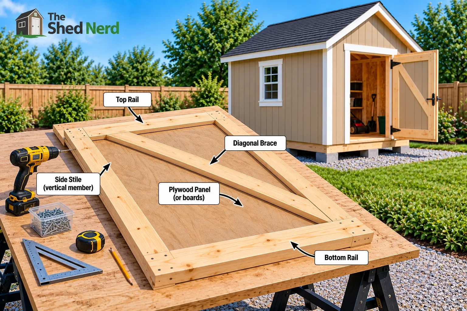 Shed door construction showing timber frame, panel and diagonal bracing