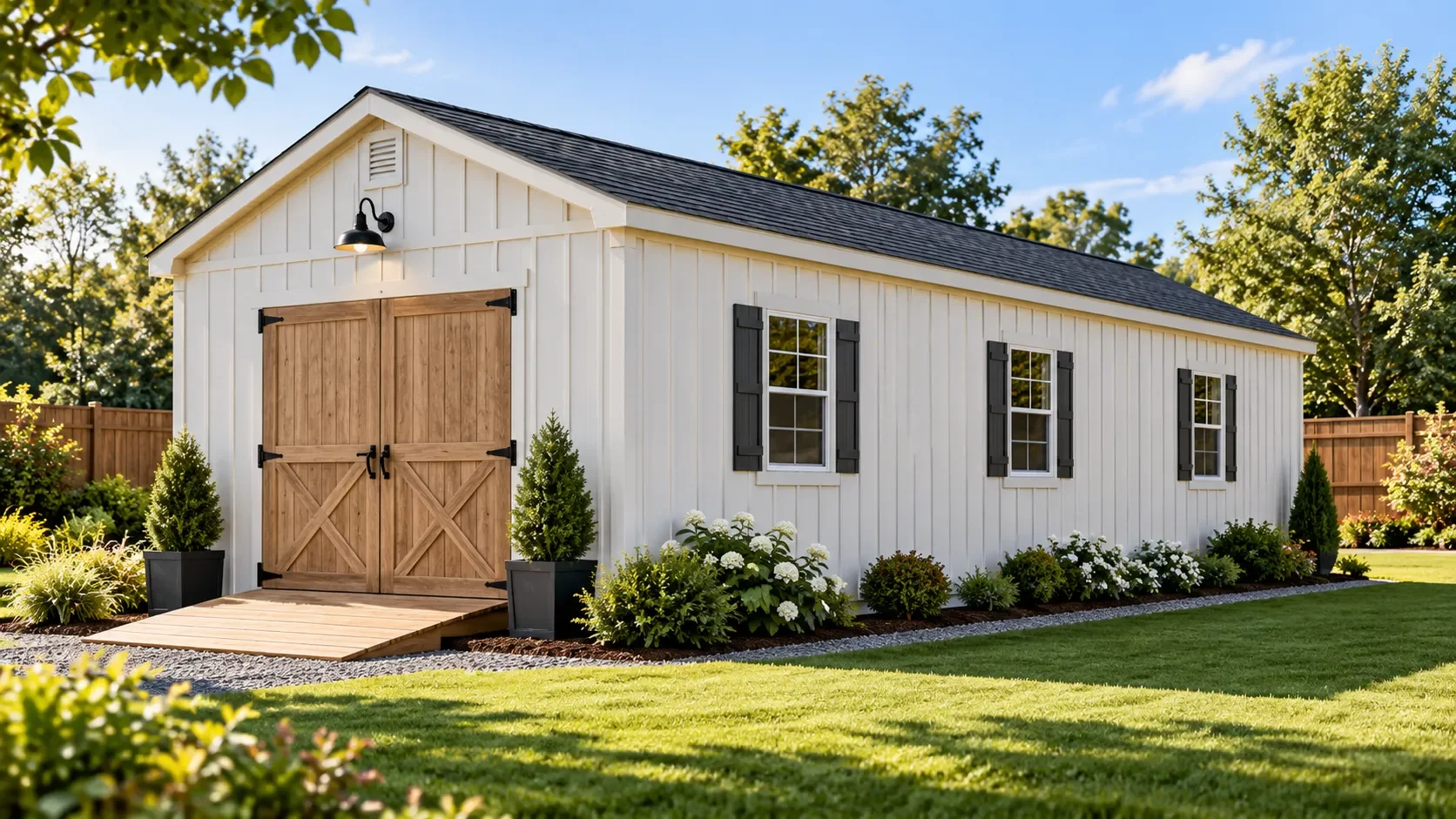 16×30 storage shed with double doors and windows in a landscaped backyard