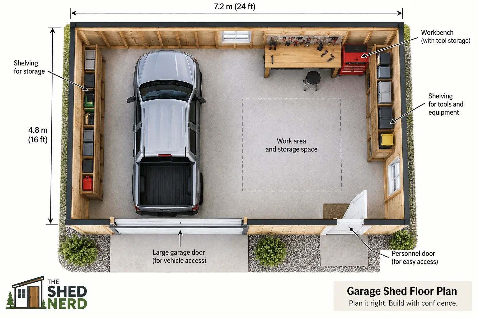 Garage shed floor plan showing vehicle storage, workbench, shelving and door layout
