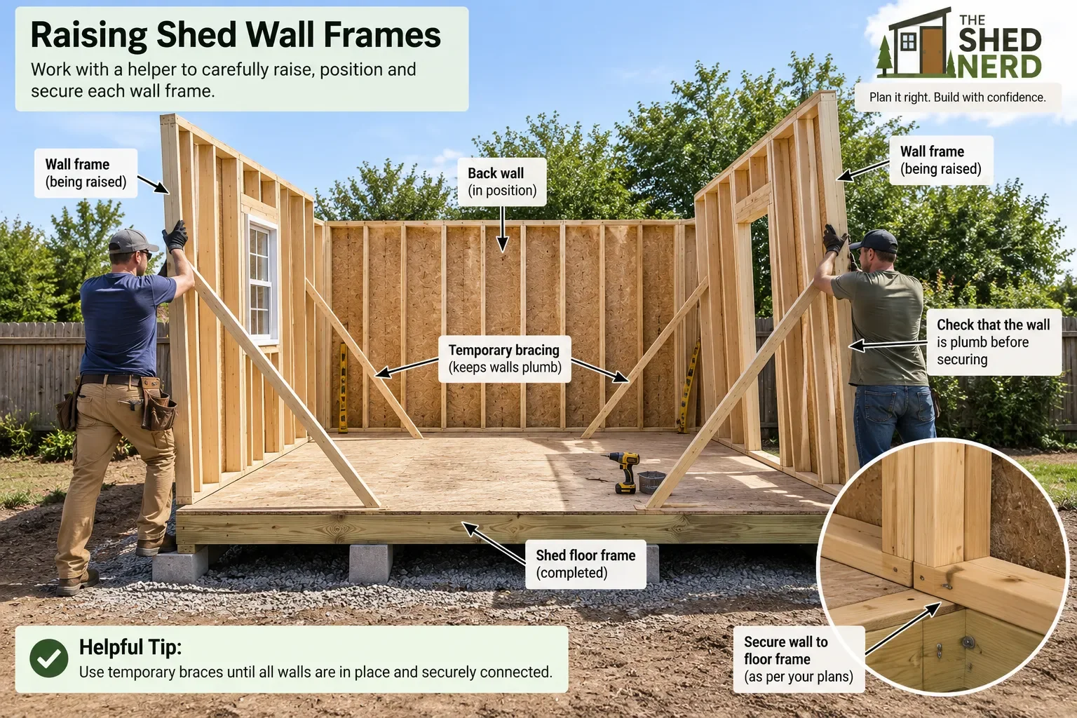 Framed shed walls raised and temporarily braced on the shed floor frame.