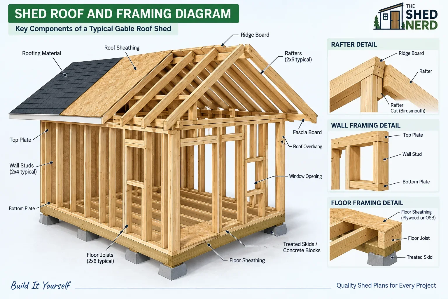 shed building plans showing wall and roof framing details