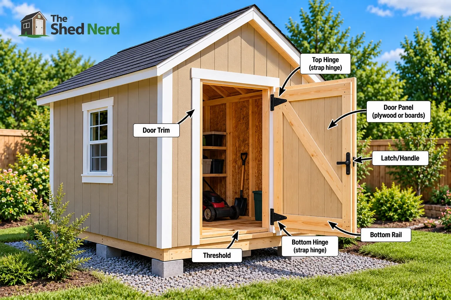 Completed shed door installed with hinges, latch, trim and threshold