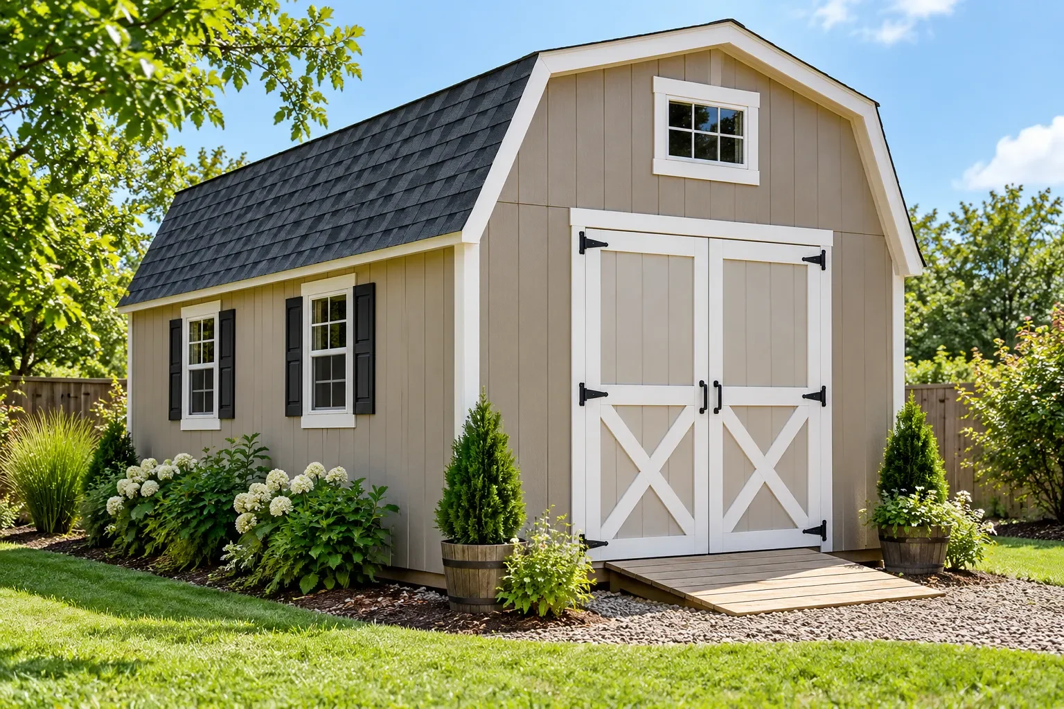 Gambrel shed with distinctive barn-style roof and double doors