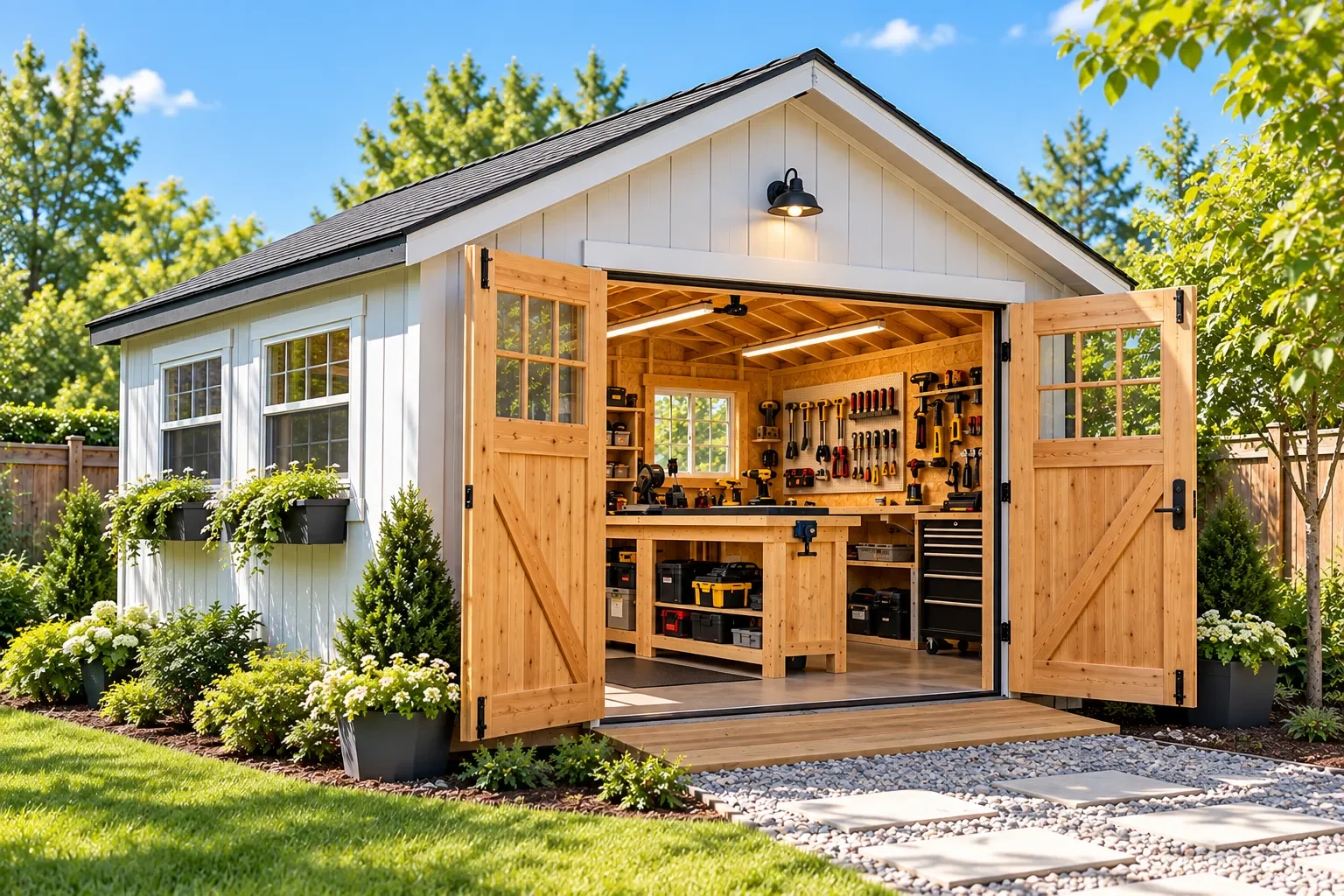Backyard work shed with organised tools, workbench and double doors | The Shed Nerd