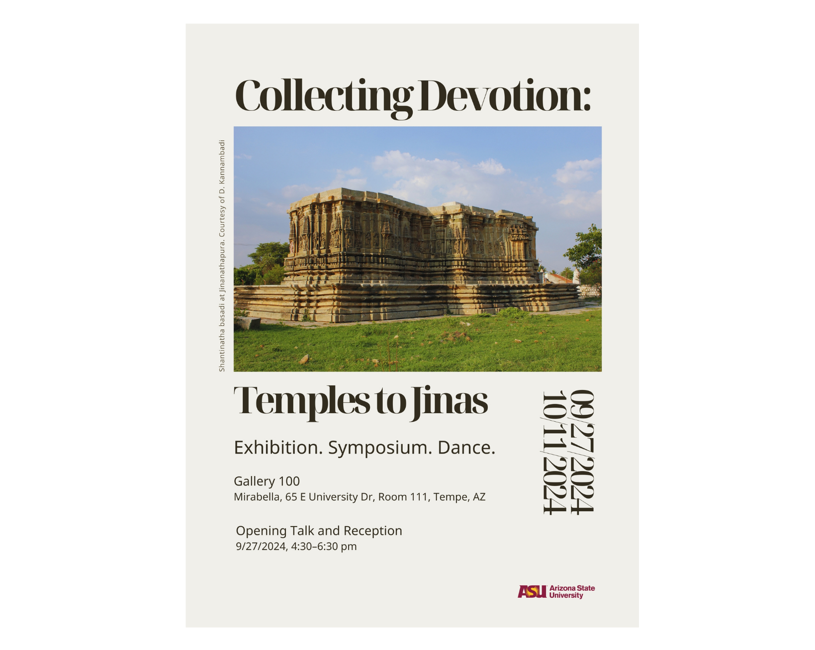 A flyer for an exhibition titled 'Temples to Tinas' showing a photo of an ancient temple with intricate stone carvings, set against a blue sky with scattered clouds. The event includes an exhibition, symposium, and dance, at Gallery 100, Mirabella, i