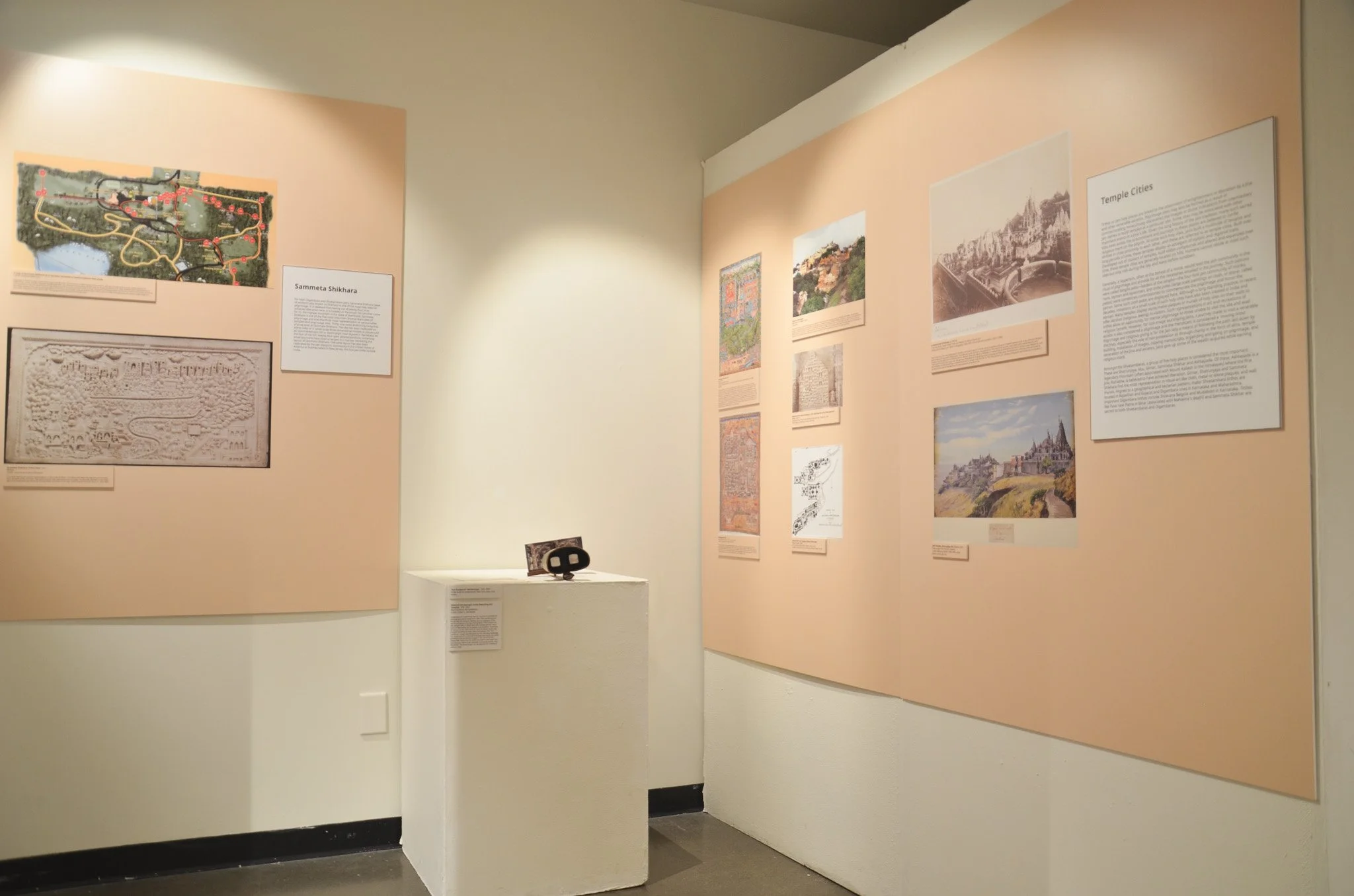 An art exhibition gallery with various framed pictures and informational panels on the walls. There is a small, white pedestal with a dark object on top, possibly an artifact or sculpture. The room has neutral-colored walls and a black-matted floor.